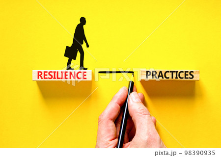 Resilience practices symbol. Concept word Resilience practices typed wooden blocks. Beautiful yellow table yellow background. Businessman hand. Business and resilience practices concept. Copy space. 98390935