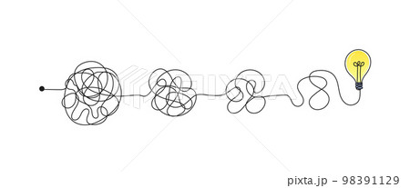 Complex messy connected lines as concept of chaos solving. Process of problem simplifying in mind. Vector illustration of confusion to clarity step by step, business solution idea searching 98391129