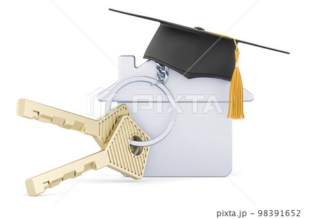 Home key with keychain with education hat. 3D rendering 98391652