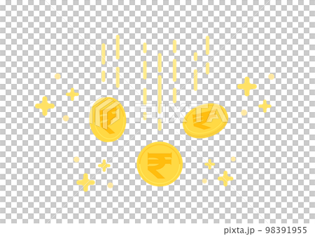 閃閃發光的印度貨幣盧比符號 — 帶有 ₹ 的硬幣掉落 — 利潤、利潤、利息的形象 98391955