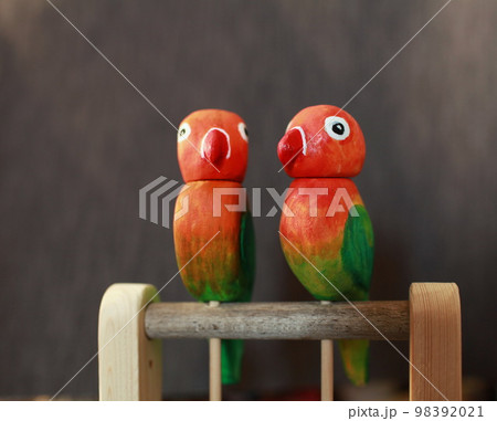 pair of funny lovebird parrots 98392021