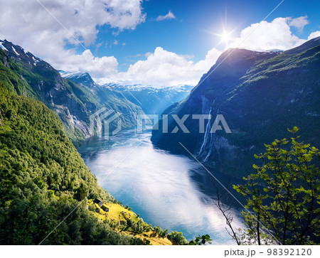 Geirangerfjord fjord and the Seven Sisters waterfall, Norway 98392120