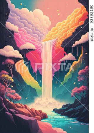 カラフルな世界観が印象的な滝のある自然風景が描かれたイラストの