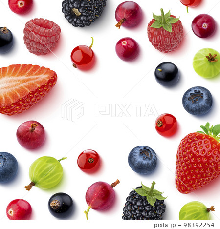 Fruits and berries frame isolated on white background, top view, flat lay 98392254