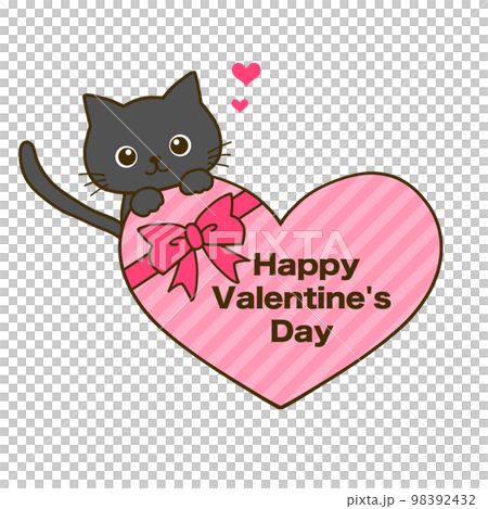 バレンタインのハートチョコとひょっこり黒猫のイラスト素材 [98392432