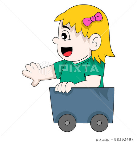 kid girl is sitting playing in the cart basket kid girl is sitting playing in the cart basket 98392497