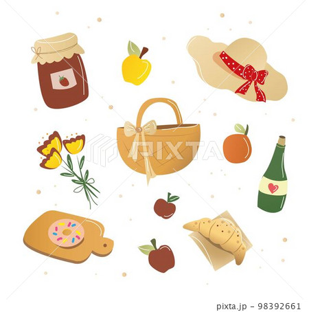 Picnic set food and water in a basket. Vector illustration 98392661