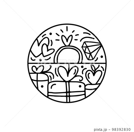 Valentine vector composition constructor gift boxes with hearts and ring with diamond. Hand drawn love holiday logo in round frame for greeting card, web design invitation 98392830