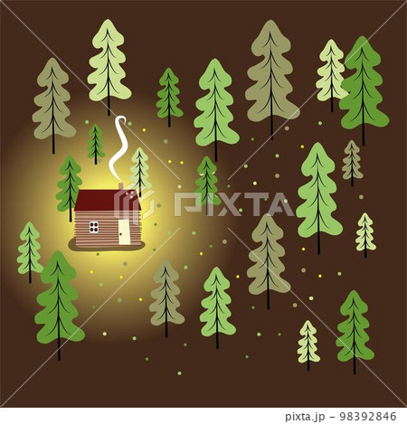 A-frame cabin house in the middle of fir forest at sunset. Rest at nature. Eco tourism concept. Vector illustration in minimalist style 98392846