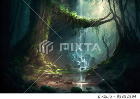 Fantasy forest waterfall scene AI Generative	 98392894