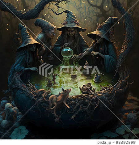 Four witches around a cauldron AI Generative	 98392899