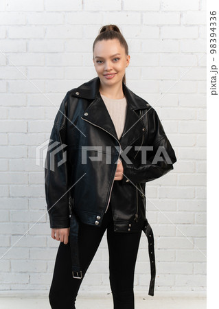 fashion black leather clothes clothing casual zipper isolated background jacket style white design 98394336