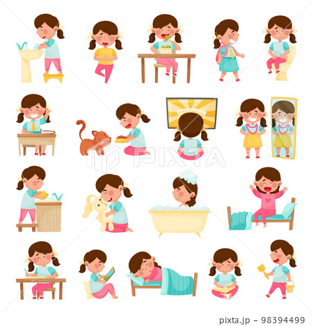 Little Girl Daily Routine and Day Activity Big Vector Set 98394499