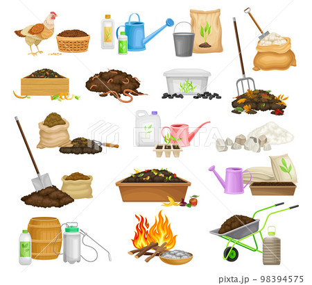 Garden Organic Fertilizer and Compost for Soil Cultivation Big Vector Set 98394575