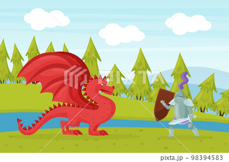 Brave Knight Fighting with Dragon Vector Illustration Brave Knight Fighting with Dragon Vector Illustration 98394583