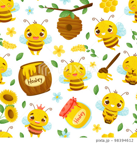 Cute Honey Bee Seamless Pattern Design with Busy Insect and Natural Sweet Food Vector Template 98394612