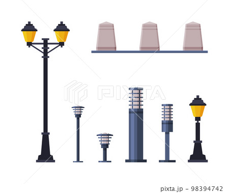 City Park Elements with Lamp, Light Post and Road Barrier Column Vector Set 98394742