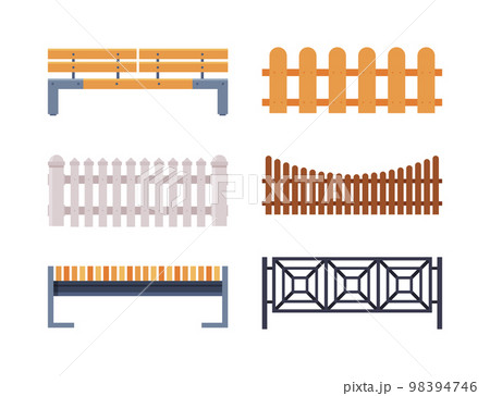 City Park Elements with Fence and Bench Vector Set 98394746