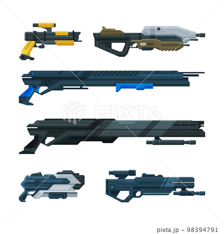 Futuristic Weapons, Blaster and Gun with Laser Vector Set 98394791