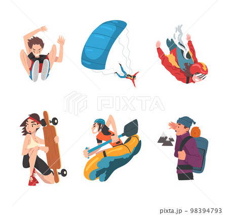 Young Man and Woman Character Enjoying Extreme Sport Activity Vector Set 98394793