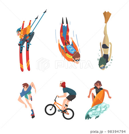 Young Man and Woman Character Enjoying Extreme Sport Activity Vector Set 98394794