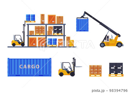 Warehouse with Cargo Container, Forklift Loader and Rack with Cardboard Box Vector Set 98394796