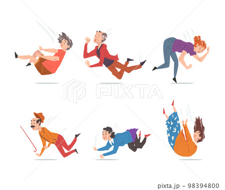 Senior Male and Female Character Falling Down on the Ground due to Slippery Road, Clumsiness or Health Problem Vector Set 98394800