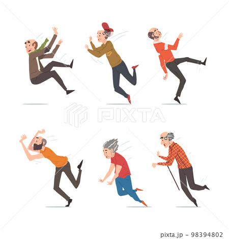 Senior Male and Female Character Falling Down on the Ground due to Slippery Road, Clumsiness or Health Problem Vector Set Senior Male and Female Character Falling Down on the Ground due to Slippery Road, Clumsiness or Health Problem Vector Set 98394802