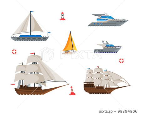 Ship and Motor Boat with Mast and Sails Vector Set Ship and Motor Boat with Mast and Sails Vector Set 98394806