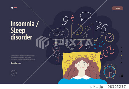 Mental disorders web template. Insomnia, sleep disorder - modern flat vector illustration of a woman meeting with a sleep disorder trying to fall asleep. People emotional, psychological, mental 98395237