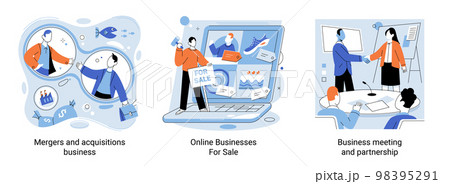 Mergers and acquisitions, online business for sale of goods on Internet, meeting and partnership 98395291
