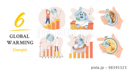 Global warming 6 concepts set. long-term increase in average temperature of Earths climate system Global warming 6 concepts set. long-term increase in average temperature of Earths climate system 98395323