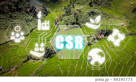 CSR Corporate Social Responsibility concept, Green forrest background with corporate social responsibility icon on virtual screen. 98395773