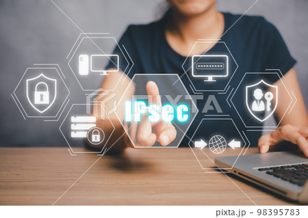 IPSec, Internet and Protection Network Vector concept, Person using laptop computer and hand touching IPsec icon on virtual screen. IPSec, Internet and Protection Network Vector concept, Person using laptop computer and hand touching IPsec icon on virtual screen. 98395783