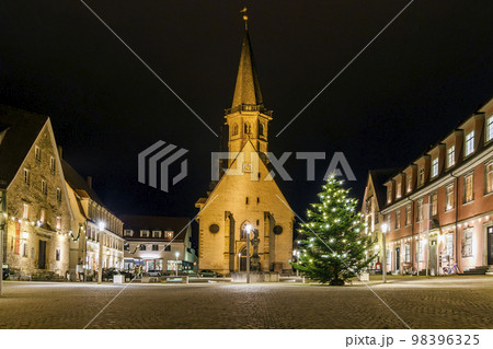 The center marketplace of old town Weikersheim, Baden-Wurttemberg, Germany, Europe at night in christmas time. 98396325