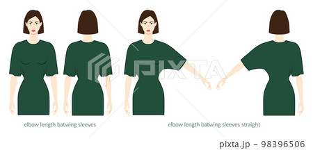 Batwing sleeves elbow length clothes character beautiful lady in emerald top, shirt dress technical fashion illustration Batwing sleeves elbow length clothes character beautiful lady in emerald top, shirt dress technical fashion illustration 98396506