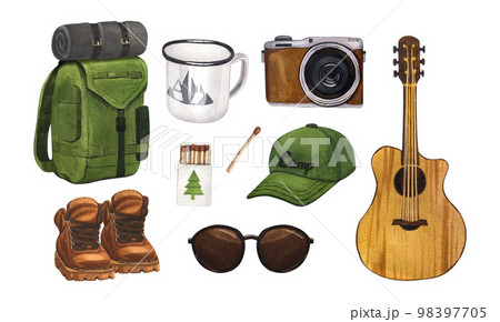 Camping, hiking equipment for trekking tourists watercolor set. Summer travel tools collection. Hand-drawn illustration isolated on white background. Concept for trip, journey, campsite elements 98397705
