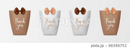 Vector 3d Realistic Brown and White Paper Gift Bag, Box for Birthday or Party with Brown and Beige Silk Bow, Ribbon. Carry Bag for Present Icon Set Isolated on White Background 98398752