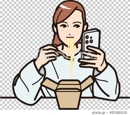 テイクアウトボックスのパスタを食べながらスマホを見る女性 98398839