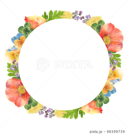 カラフルな春の花の円形フレーム　水彩イラスト 98399739