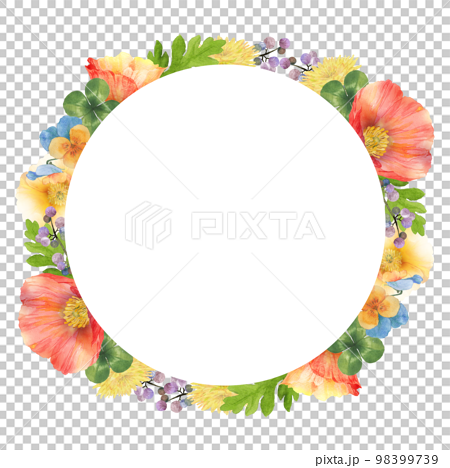 カラフルな春の花の円形フレーム　水彩イラスト 98399739