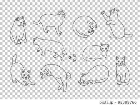 Simple line drawing illustration set of fashionable cats Simple line drawing illustration set of fashionable cats 98399760