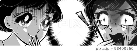 シミとシワに気がつき絶叫する熟女とドン引きする少女の70年代少女漫画モノクロイラスト 98400560