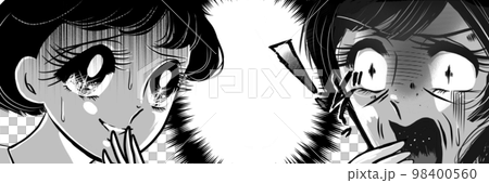 シミとシワに気がつき絶叫する熟女とドン引きする少女の70年代少女漫画モノクロイラスト 98400560