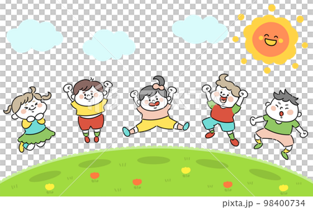 外で元気にジャンプする子供たちのイラスト素材 98400734