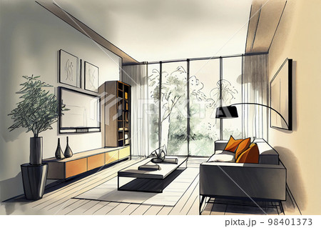 イメージ素材：モダンなリビングのラフスケッチアート 98401373