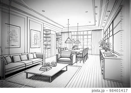 イメージ素材：モダンなリビングのラフスケッチアート 98401417
