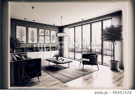 イメージ素材：モダンなリビングのラフスケッチアート 98401426