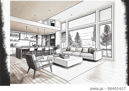 イメージ素材：モダンなリビングのラフスケッチアート 98401427