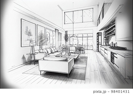 Modern Living Room Perspective Drawing Illustration Of Interior